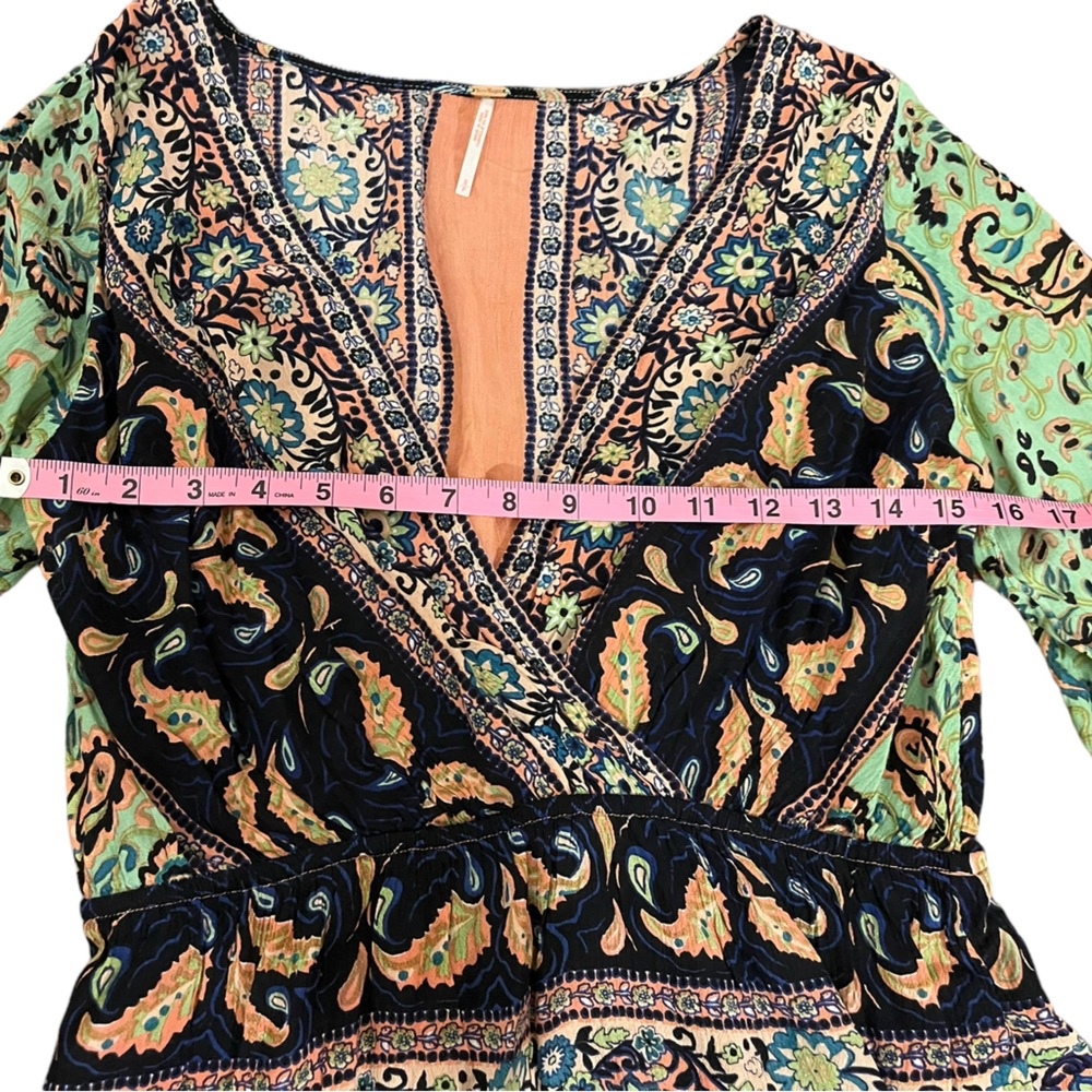 Free People Floral Paisley Wrap Blouse - Green Navy Peach - Picture 11 of 12